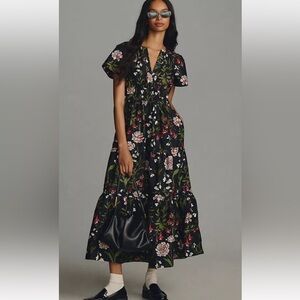 Anthropologie The Somerset Maxi Dress Tiered Smocked Waist Floral Black Green